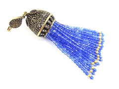 Large Long Translucent Royal Blue Facet Cut Rondelle Crystal Beaded Tassel with Crystal Accents - Antique Bronze - 1PC