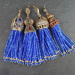 Large Long Translucent Royal Blue Facet Cut Rondelle Crystal Beaded Tassel with Crystal Accents - Antique Bronze - 1PC