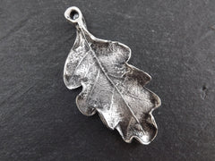 Large Silver Oak Leaf Pendant Charm, Nature Fall Jewelry Making Supplies Findings, Matte Antique Silver Plated, 1pc