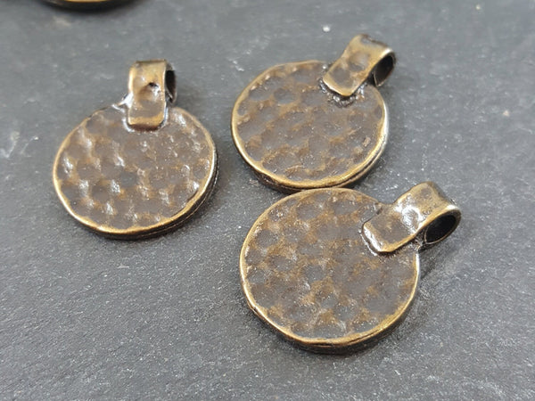 3 Hammered Round Coin Pendant Charms - Antique Bronze Plated