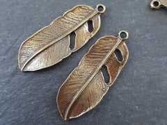 2 Feather Charms, Bronze Feather Tribal Pendants Boho Bohemian Jewelry Making Supplies Artisan Jewellery  - Antique Bronze Plated