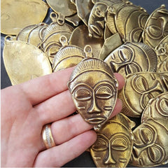 Large Tribal Mask Pendant Connector Shiny Antique Bronze Plated - 1PC