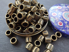 Large Barrel Tube Beads Dotted Ellipse Detailed Tribal Ethnic Antique Bronze Plated Spacers Turkish Jewelry Supplies Findings - 6pc