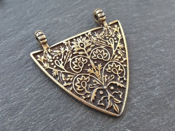 Bronze Triangle Pendant, Floral Pendant, Victorian, Floral Pattern, Fleur de lis, Triangle Necklace Pendant, 2 loops, Antique Bronze Plated