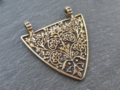 Bronze Triangle Pendant, Floral Pendant, Victorian, Floral Pattern, Fleur de lis, Triangle Necklace Pendant, 2 loops, Antique Bronze Plated