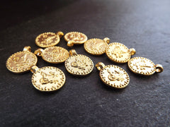 Mini Gold Coin Pendant Charms, Small Turkish Medallion Coin Beads for Jewelry Making, Non Tarnish, 22k Matte Gold Plated, 10pcs