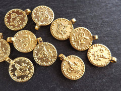 Dotted Rim Gold Coin Charms Ethnic Round Replica Coins Turkish Tughra Jewelry Supplies Findings 22k Matte Gold Plated Non Tarnish