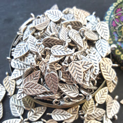 Stamped Leaf Drop Charms Autumn Leaves Fall Matte Antique Silver Plated Turkish Jewelry Making Supplies Findings Components - 15pc