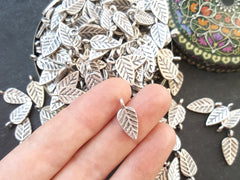 Stamped Leaf Drop Charms Autumn Leaves Fall Matte Antique Silver Plated Turkish Jewelry Making Supplies Findings Components - 15pc