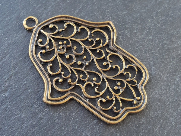 Large Hamsa Pendant Curly Filigree Hand of Fatima Antique Bronze Plated Turkish Jewelry Making Supplies Findings Components - 1pc