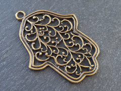 Large Hamsa Pendant Curly Filigree Hand of Fatima Antique Bronze Plated Turkish Jewelry Making Supplies Findings Components - 1pc