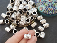 Silver Hammered Beads, Large Barrel Bead Spacer, Dotted Dimple, Metal Beads, Non Tarnish, Matte Antique Silver Plated, 4pc