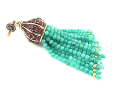 Large Aqua Jade Stone Beaded Tassel Pendant, Crystal Accents, Handmade Tassel, Turkish Jewelry, Gemstone Tassel, Antique Bronze 1PC