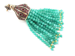 Large Aqua Jade Stone Beaded Tassel Pendant, Crystal Accents, Handmade Tassel, Turkish Jewelry, Gemstone Tassel, Antique Bronze 1PC