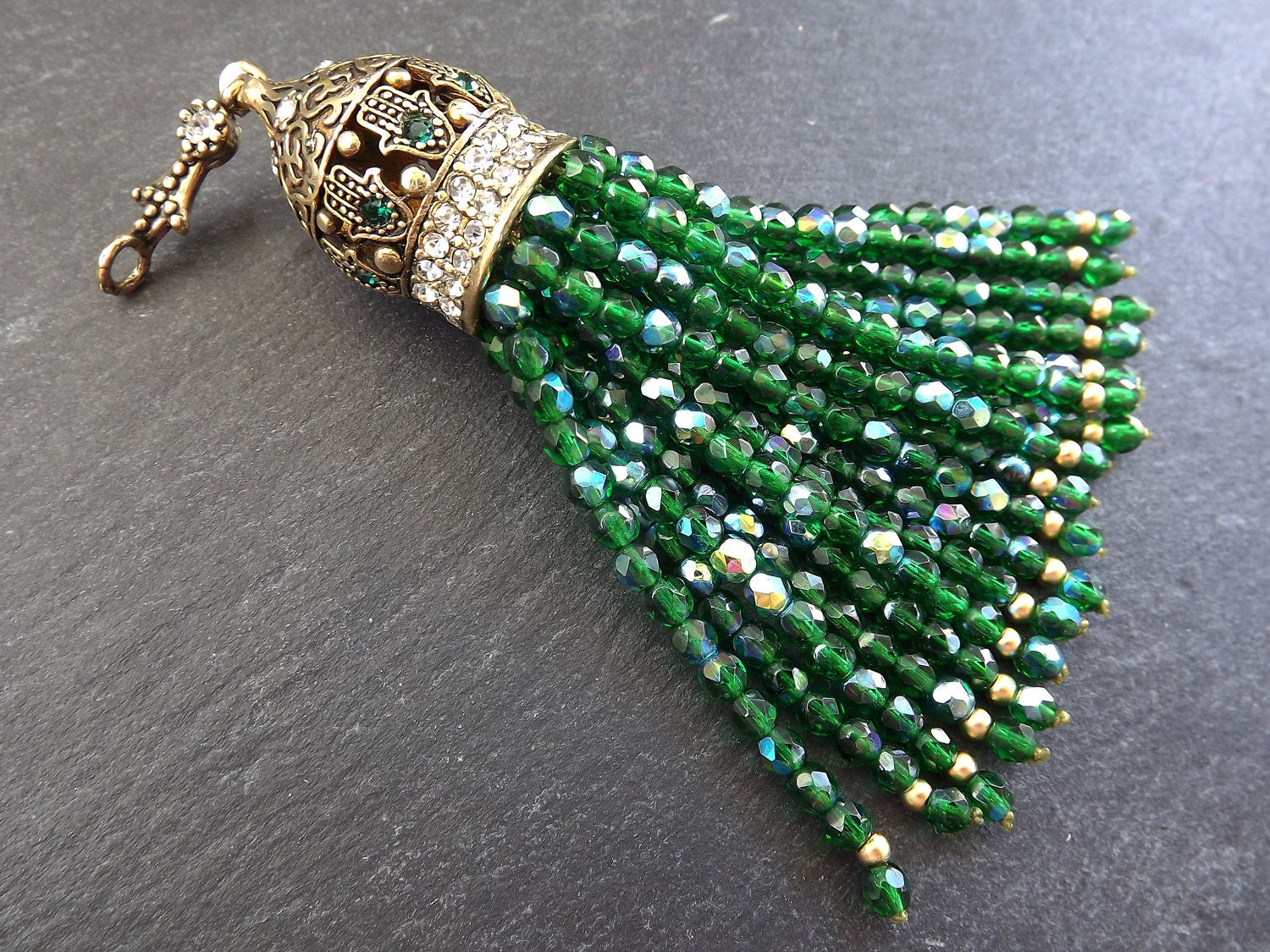Emerald Green Beaded Tassel with Facet Cut Czech Glass Fire Polished AB Iridescent Beads Antique Bronze Rhinestone Accents - 1PC