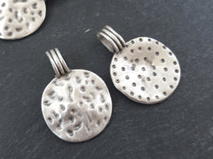 Hammered Dimple Disc Pendant Ethnic Tribal Round Matte Antique Silver Plated Turkish Jewelry Making Supplies Findings Components - 2pc
