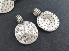 Hammered Dimple Disc Pendant Ethnic Tribal Round Matte Antique Silver Plated Turkish Jewelry Making Supplies Findings Components - 2pc