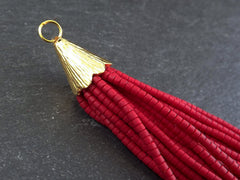 Deep Red Afghan Tibetan Chunky Heishi Tube Beaded Tassel - Handmade - Textured 22k Matte Gold Plated Cap - 92mm = 3.62inches - 1PC