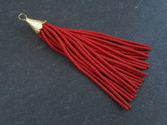 Deep Red Afghan Tibetan Chunky Heishi Tube Beaded Tassel - Handmade - Textured 22k Matte Gold Plated Cap - 92mm = 3.62inches - 1PC