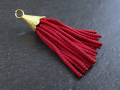 Short Deep Red Afghan Tibetan Heishi Tube Beaded Tassel - Handmade - Textured 22k Matte Gold Plated Cap - 55mm = 2.16inches