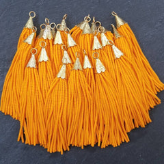 Sunrise Orange Afghan Tibetan Heishi Tube Beaded Tassel - Handmade - Textured 22k Matte Gold Plated Cap - 92mm = 3.62inches  -1PC