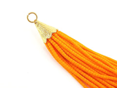 Sunrise Orange Afghan Tibetan Heishi Tube Beaded Tassel - Handmade - Textured 22k Matte Gold Plated Cap - 92mm = 3.62inches  -1PC