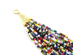 Glass Seed Bead Multicolor Mix Afghan Tibetan Heishi Tube Beaded Tassel - Handmade - 22k Matte Gold Plated Cap - 92mm = 3.62inches  -1PC