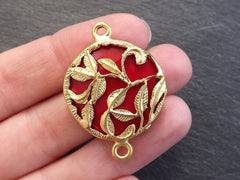 Red Gemstone Pendant Connector, Gold Decorative Rustic Leaf Leaves Bezel, Opaque Red Jade Connector, 22k Matte Gold plated, 1pc