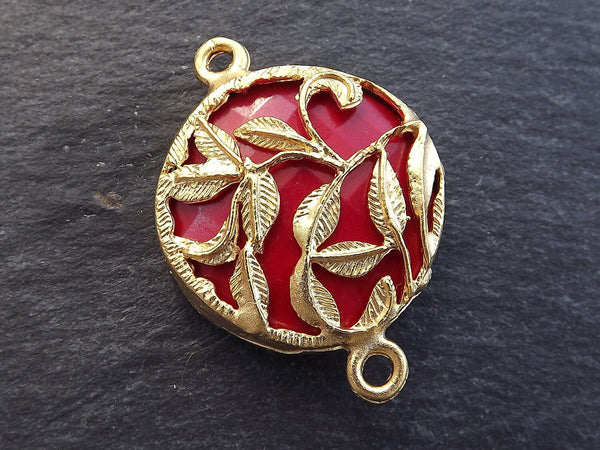 Red Gemstone Pendant Connector, Gold Decorative Rustic Leaf Leaves Bezel, Opaque Red Jade Connector, 22k Matte Gold plated, 1pc