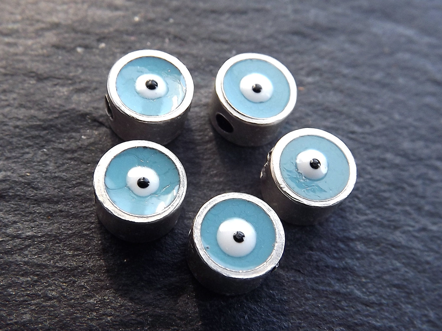 Sky Blue Enamel Evil Eye Beads Spacer, Lucky Turkish Nazar Greek Eye, 6mm, Matte Antique Silver Plated