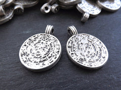 2 Rustic Greek Phaistos Disc Pendants - Matte Antique Silver Plated