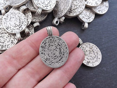 2 Rustic Greek Phaistos Disc Pendants - Matte Antique Silver Plated