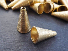 Organic Ribbed Cone Bead End Tassel Caps -  22k Matte Gold Plated - 2pcs