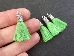 Mini Lime Green Soft Thread Tassels Earring Bracelet Necklace Tassel Jewelry Fringe Turkish Findings - Matte Silver Plated Cap - 30mm - 4pc