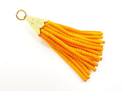 Short Sunrise Orange Afghan Tibetan Heishi Tube Beaded Tassel - Handmade - Textured 22k Matte Gold Plated Cap - 55mm = 2.16inches