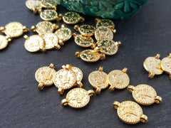 Gold Coin Pendant Charms with Two Loops, Dotted Rim Tughra Round Replica Coin Connectors, Boho,  22k Matte Gold Plated 10pc