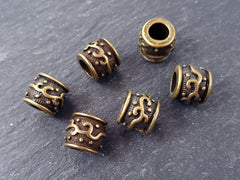 Large Barrel Tube Beads Vine Detailed Tribal Ethnic Antique Bronze Plated Spacers Turkish Jewelry Supplies Findings - 6pc