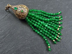 Green Beaded Tassel Pendant, Large Long  Forest Green Tassel, Facet Cut Jade, Gemstone Tassel, Crystal Accents, Antique Bronze Cap, 1PC