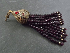 Large Long Deep Potent Purple Facet Cut Jade Stone Beaded Tassel with Crystal Accents - Antique Bronze - 1PC