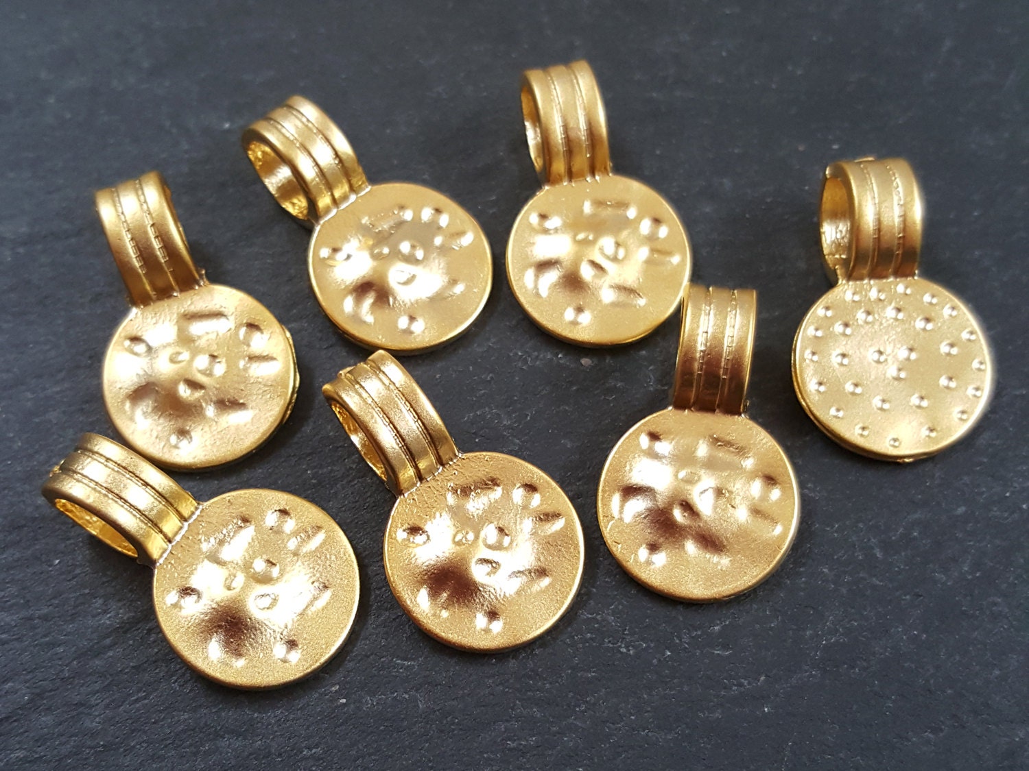 Hammered Dimple Disc Charms Ethnic Tribal Round 22k Matte Gold Plated Non Tarnish Turkish Jewelry Making Supplies Findings Components - 8pc