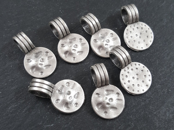 Hammered Disc Charms, Dimple Pendants, Silver Pendants, Silver Charms, Silver Coin Charms, Ethnic, Tribal, Antique Matte Silver Plated - 8pc