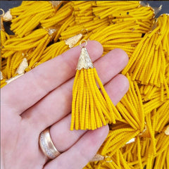 Short Cyber Yellow Afghan Tibetan Heishi Tube Beaded Tassel - Handmade - Textured 22k Matte Gold Plated Cap - 55mm = 2.16inches