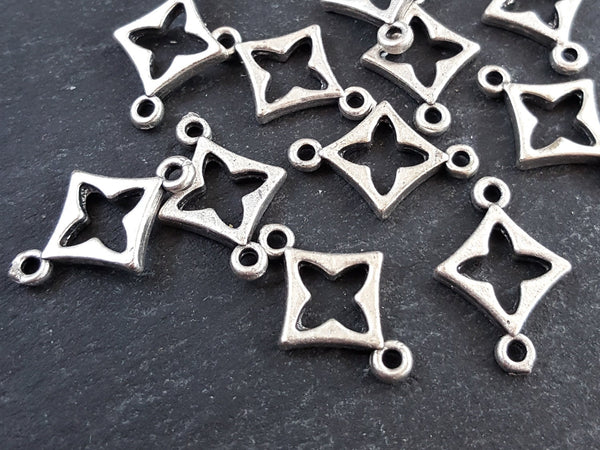 Mini Diamond Quatrefoil Four Leaf Clover Connector Charms Matte Antique Silver Plated - 10pc