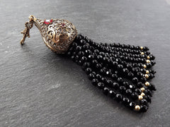 Black Tassel Pendant, Black Onyx Tassel, Gemstone Tassel, Black Stone, Beaded Tassel, Facet Cut Stone, Handmade, Antique Bronze - 1PC