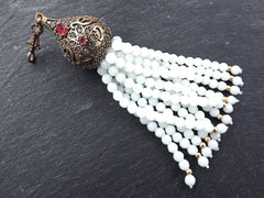 Large Long White Opal Facet Cut Stone Beaded Tassel with Crystal Accents - Antique Bronze - 1PC