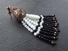Large Long Black Onyx White Opal Facet Cut Stone Beaded Tassel with Crystal Accents - Antique Bronze - 1PC