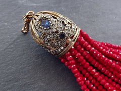 Large Long Sparkly Red Facet Cut Rondelle Crystal Beaded Tassel with Crystal Accents - Antique Bronze - 1PC