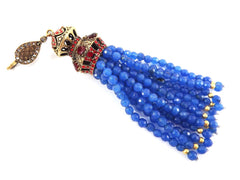 Large Long Blue Facet Cut Jade Stone Beaded Tassel with Green Clear Crystal Accents - Antique Bronze - 1PC
