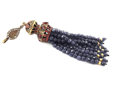 Large Long Deep Smokey Blue Facet Cut Jade Stone Beaded Tassel with Green Clear Crystal Accents - Antique Bronze - 1PC