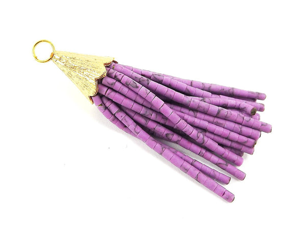 Short Purple Orchid Afghan Tibetan Heishi Tube Beaded Tassel - Handmade - Textured 22k Matte Gold Plated Cap - 55mm = 2.16inches